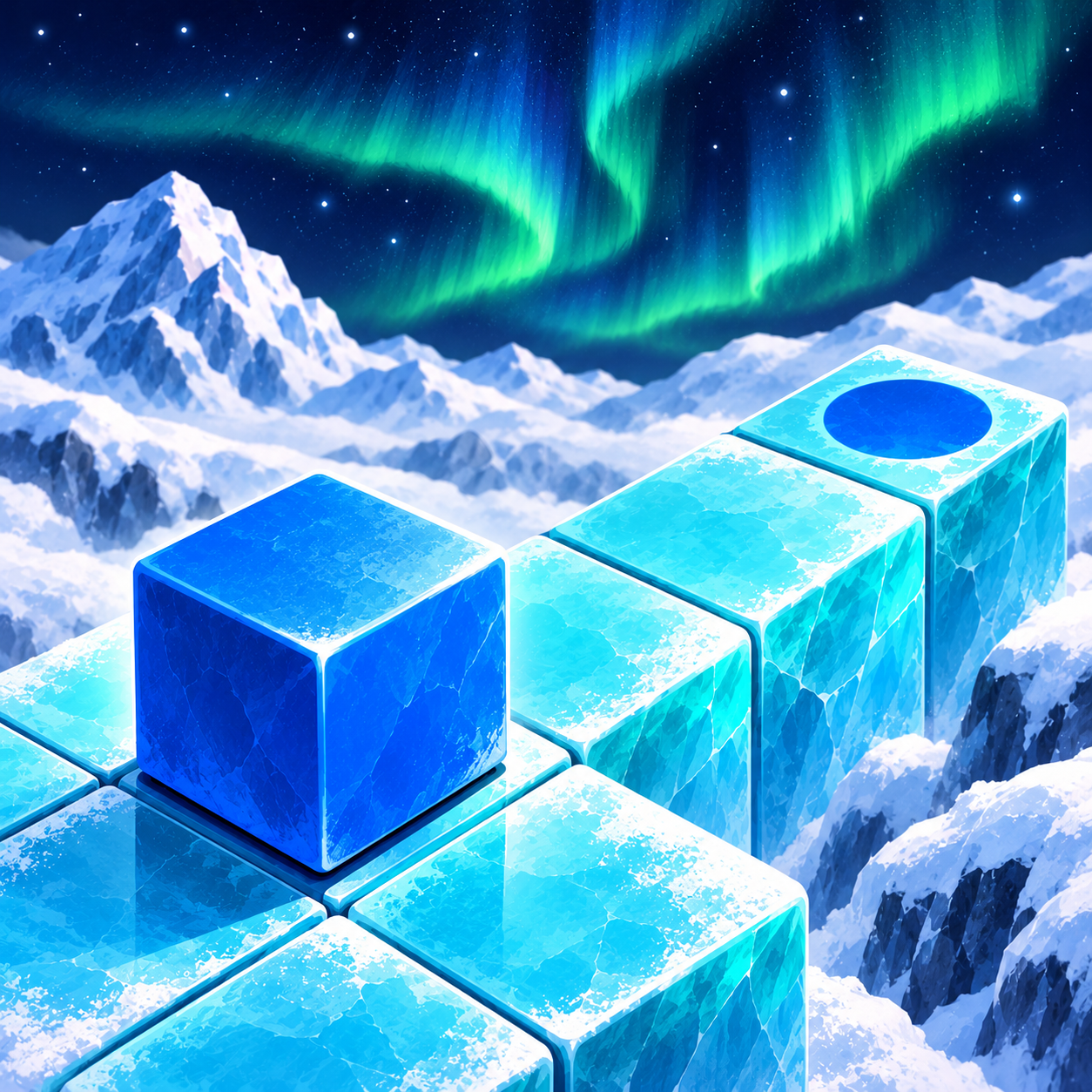 Un cubo su un percorso di ghiaccio sotto l’aurora boreale